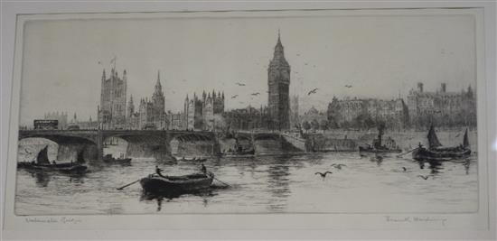 Frank Harding, etching, Westminster Bridge, 17 x 36cm